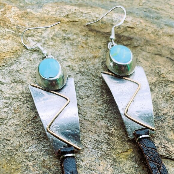 OOAK Sterling Silver/Gold Filled Panels/Oval Turquoise/Leather Tassel Earrings - Picture 5 of 7
